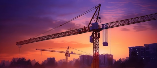 Heavy lifting crane in construction yard building tall building sunset background orange blue purple