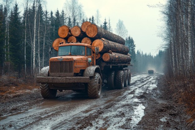 Photo a heavy logging truck transporting timber through dense forest navigating tough terrain