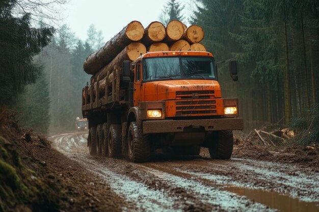 Photo a heavy logging truck transporting timber through dense forest navigating tough terrain