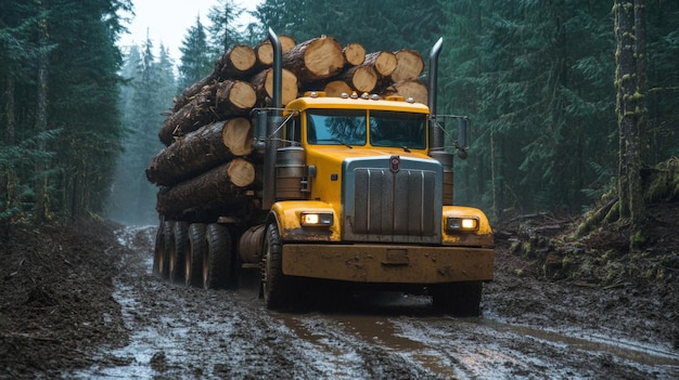 A Heavy Logging Truck Transporting Timber Through Dense Forest Navigating Tough Terrain