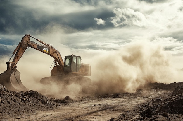 Photo heavy machinery excavating a foundation with dust clouds