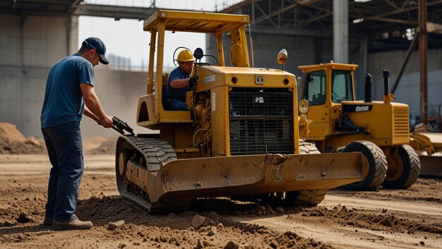 Photo heavy machinery maintenance mechanics performing maintenance on a bulldozer at a construction site