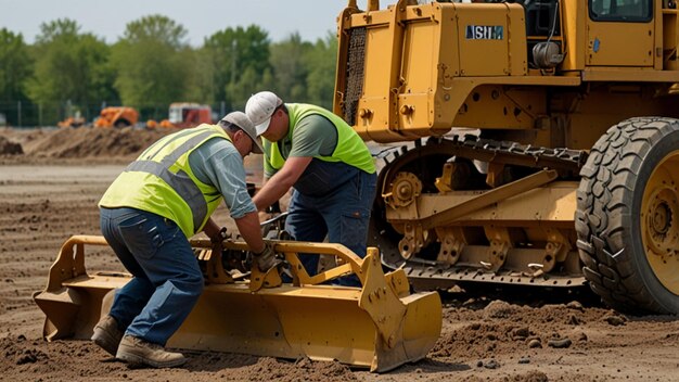 Photo heavy machinery maintenance mechanics performing maintenance on a bulldozer at a construction site