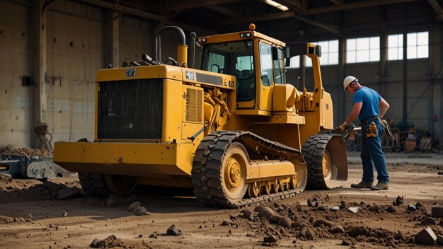 Heavy Machinery Maintenance Mechanics performing maintenance on a bulldozer at a construction site