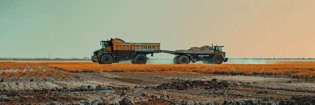 Heavy machinery transporting harvested crops to a processing plant in a scifitoned colored pastel landscape