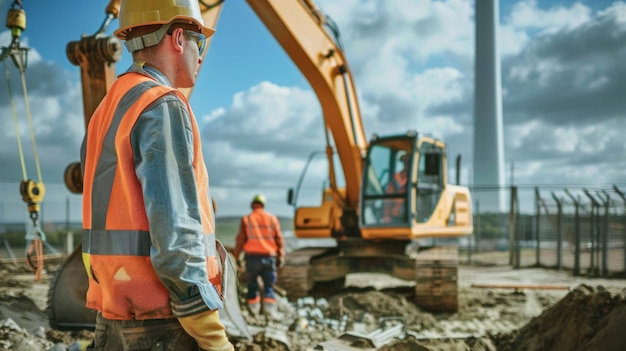 Photo heavy machinery and workers preparing the foundation for a wind turbine