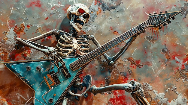 Photo heavy metal rock star skeleton playing guitar in midair