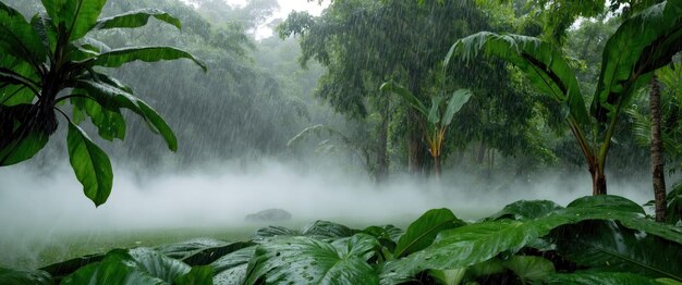 Photo heavy monsoon rain in a tropical rainforest with lush green foliage and mist