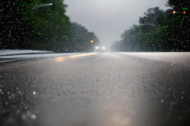 Heavy rain drop at middle of the road surface bokeh background