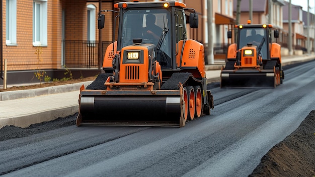 Photo heavy rollers compacting new asphalt on a freshly paved road