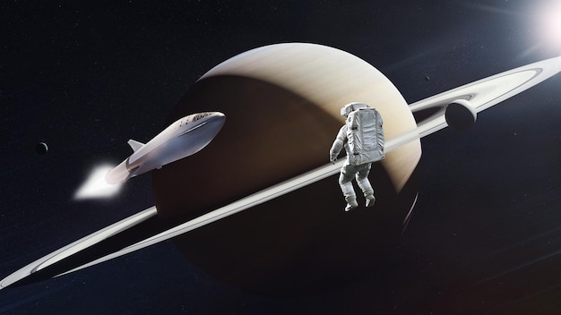 Heavy Starship with Astronaut in outer space on loworbit of Saturn planet