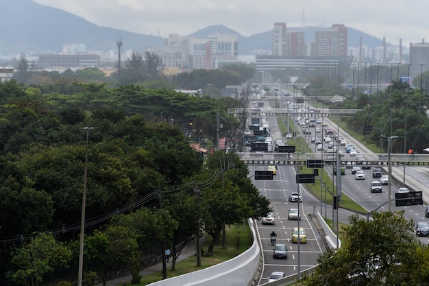 Heavy traffic on Avenida Ayrton Senna in the Barra da Tijuca neighborhood in the west side of the city of Rio de Janeiro Cloudy day Rio de Janeiro Brazil August 2022