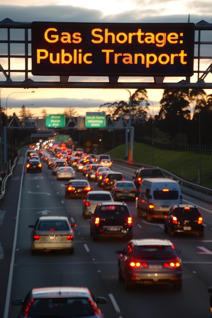 Photo heavy traffic on highway with electronic sign addressing gas shortage encouraging public transport use