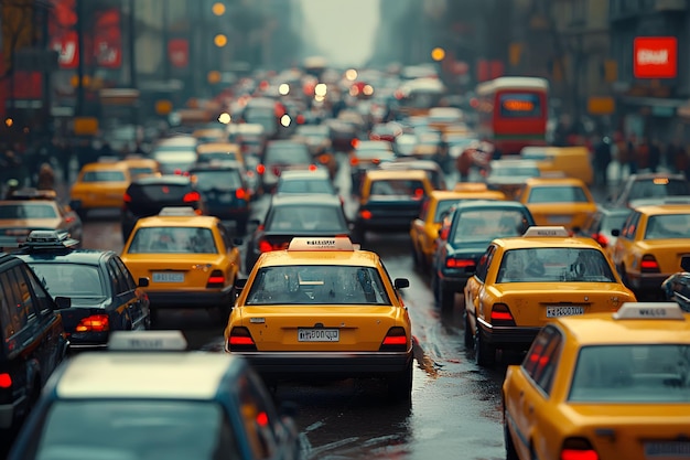 Heavy traffic with yellow cabs during a rainy afternoon in the city