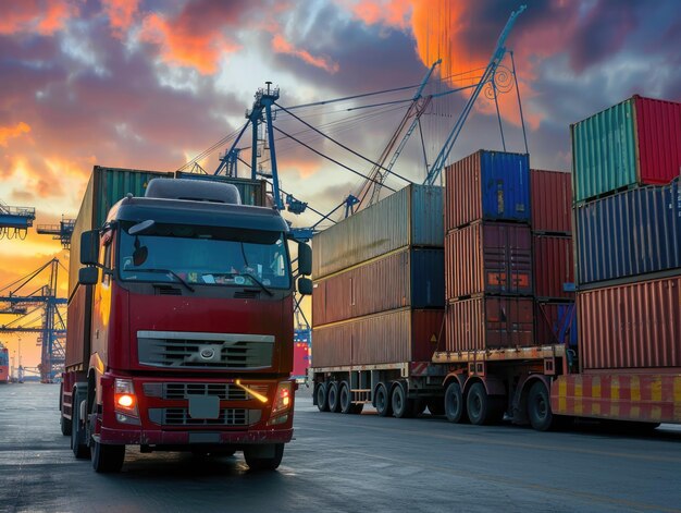 Heavy truck transporting containers against the backdrop of a large industrial port AI generative