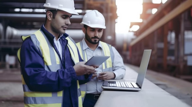 Heavyduty industrial engineers stand in a pipeline manufacturing plant employing digital tablet computers to build oiltransportation products Generative AI