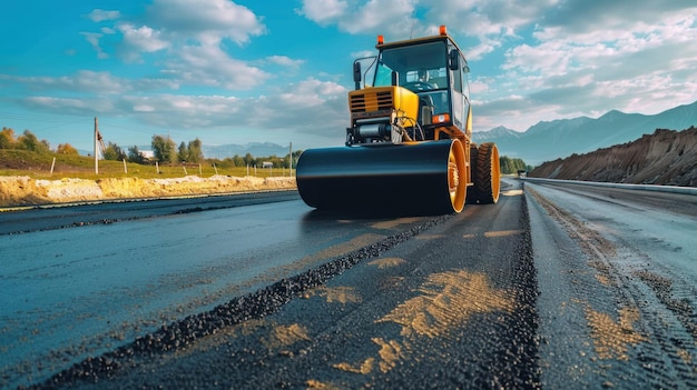 Heavyduty road roller compacting freshly laid asphalt on a new road