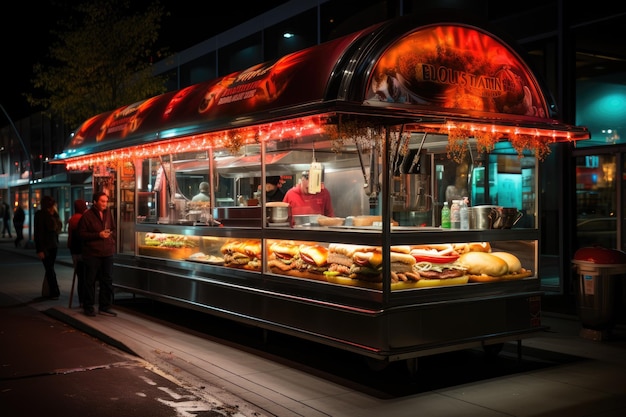 Hectic hot dog cart under urban neon lights generative IA