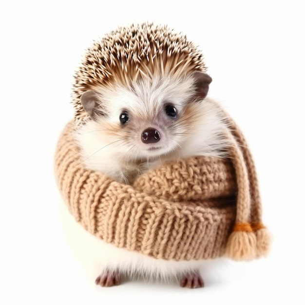 a hedge in a knitted scarf and hat