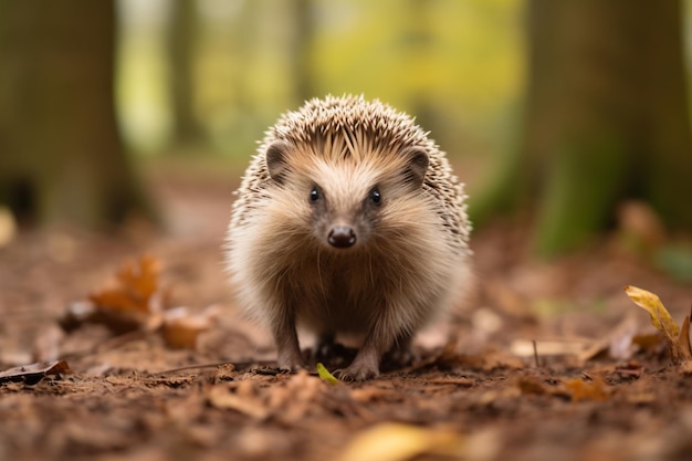 a hedge walking through a forest filled with leaves