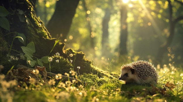 Hedgehog adventure in the forest dappled sunlight midangle view Generative AI