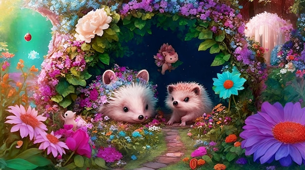 Hedgehog animals with colorful flower photo