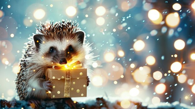 Photo a hedgehog in a box with a christmas card in the background