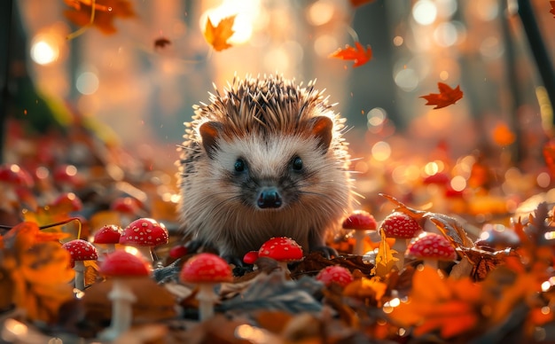 Hedgehog in a colorful autumn forest surrounded by mushrooms