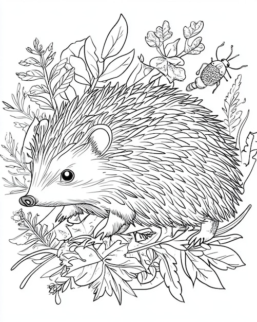 Photo hedgehog coloring page with foliage and insects in a detailed botanical setting