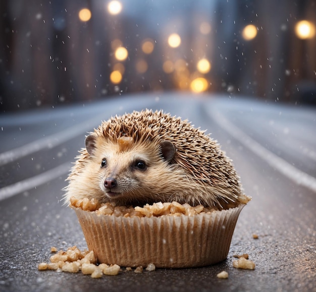 Hedgehog in a cupcake on the background of the street