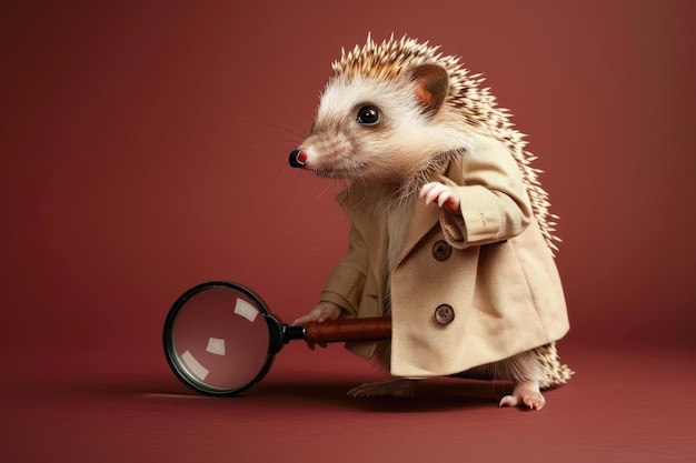 a hedgehog dressed as a detective wearing a trench coat and holding a magnifying glass