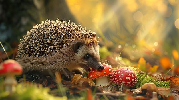 Photo hedgehog eating mushroom in the forest