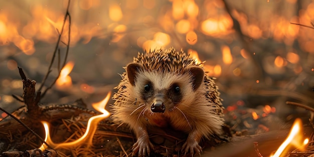 Hedgehog escapes forest fire in photo series highlighting nature conservation and wildlife Concept Wildlife Conservation Hedgehog Forest Fire Nature