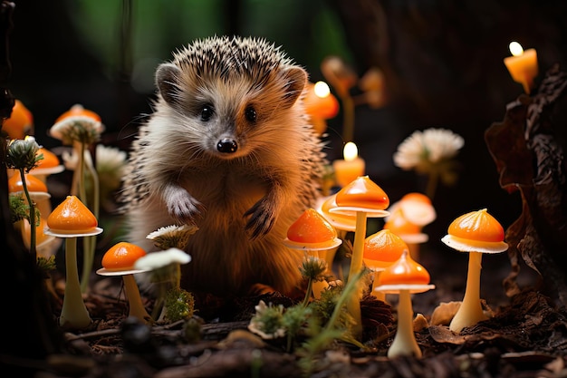 Hedgehog exploring luminous mushrooms in enchanted woods generative IA