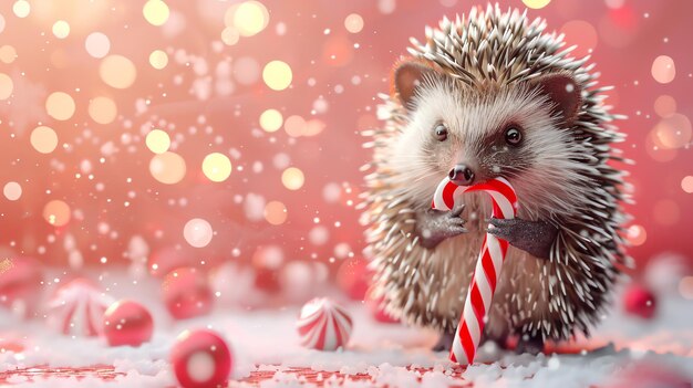 Photo a hedgehog holding a candy cane with a red and white striped pattern with red ornaments and a sparkling background