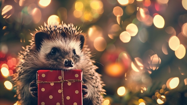 Photo hedgehog holding gift box with christmas lights bokeh