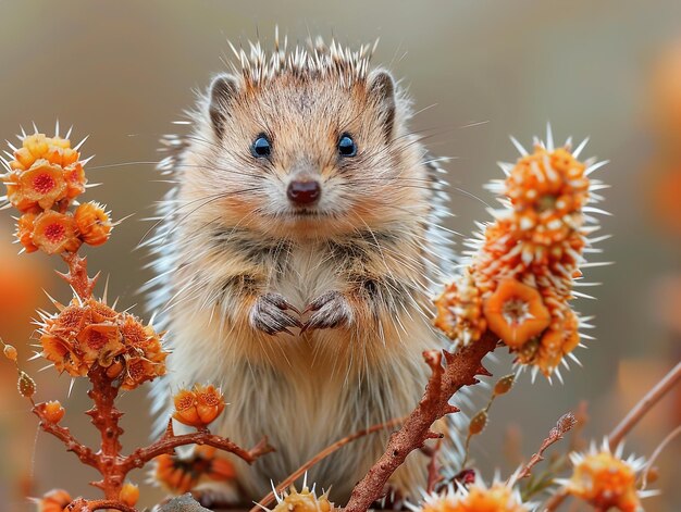 a hedgehog is looking at the camera and has a bush of flowers in the foreground