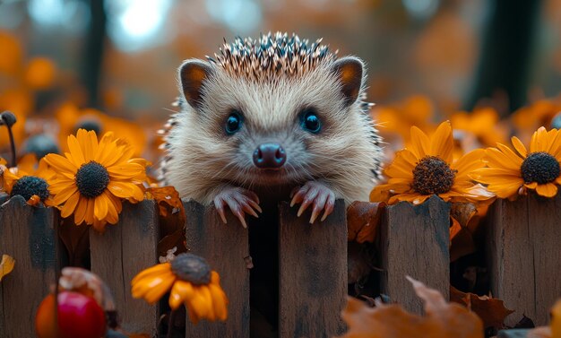 A hedgehog is standing on a wooden fence next to a bunch of yellow flowers The hedgehog is looking at the camera with a curious expression The scene has a warm and inviting mood