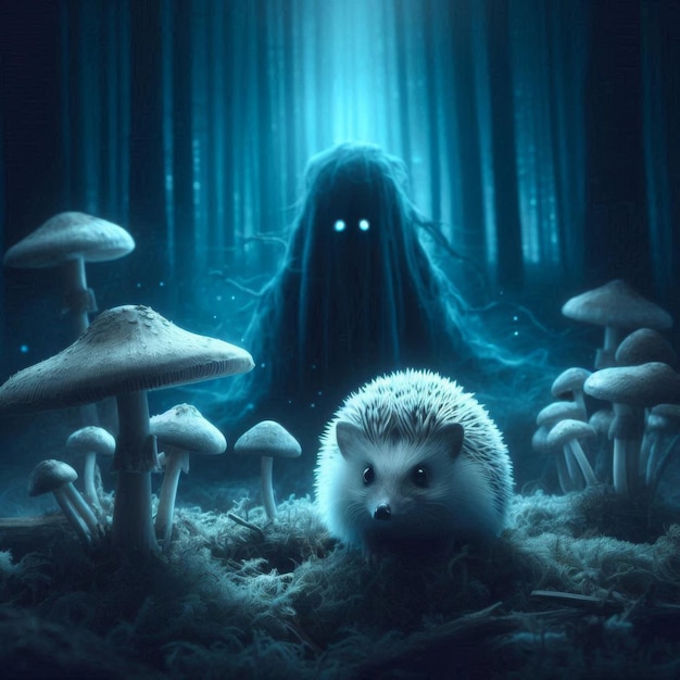 a hedgehog is surrounded by mushrooms and a black background