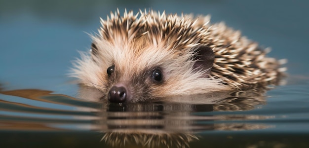 A hedgehog is swimming in a pond.