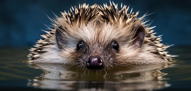 A hedgehog is swimming in the water.