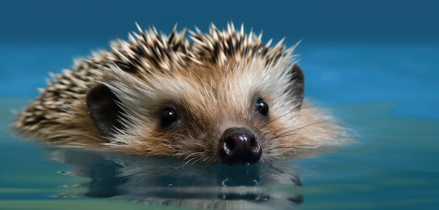 A hedgehog is swimming in the water.