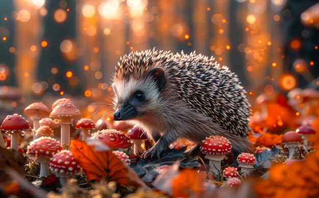 A hedgehog is walking through a field of mushrooms The mushrooms are orange and scattered throughout the field