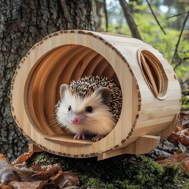 Photo a hedgehog is in a wooden box with a tree in the background