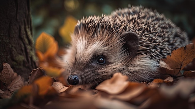 A hedgehog in a pile of leaves