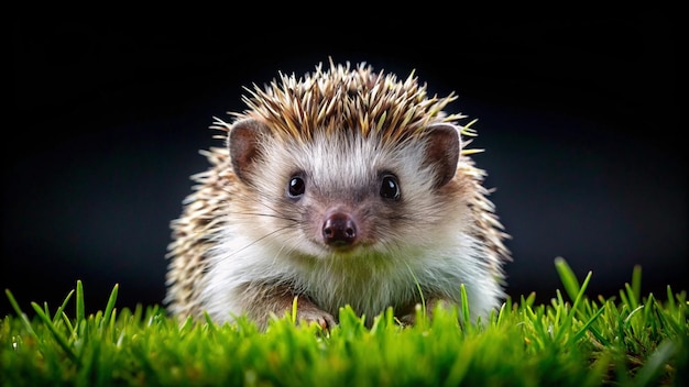 a hedgehog sits on the grass in front of a dark background