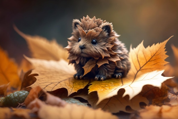 A hedgehog sits on a leaf in autumn