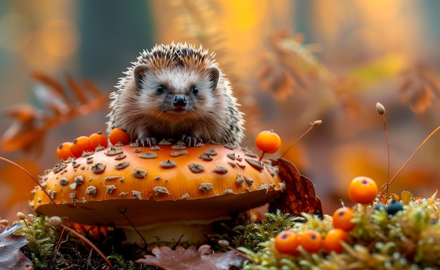 Hedgehog sitting on mushroom in autumn forest