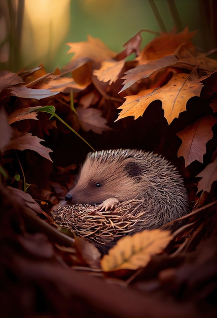 Hedgehog sleeping in a pile of leaves generative ai