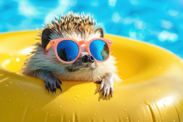 Photo hedgehog summer inside inflatable swimming pool ring with sunglasses